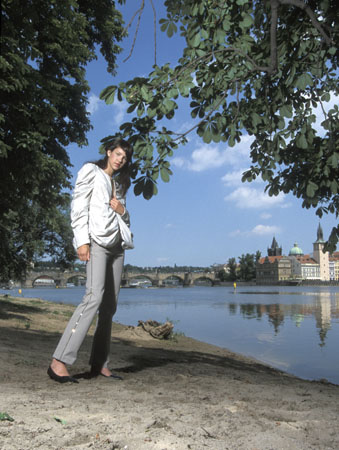 Girl on Prague river bank